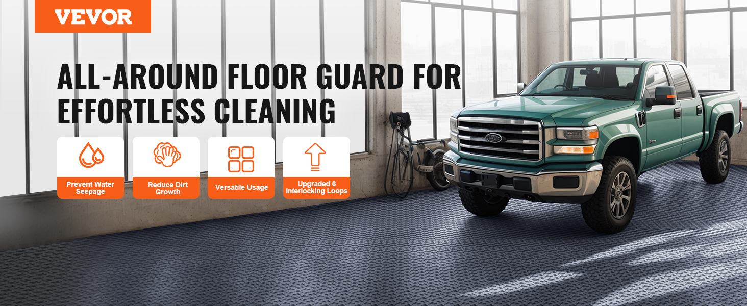 VEVOR garage tiles in a garage with a green truck, highlighting water seepage prevention and dirt reduction.
