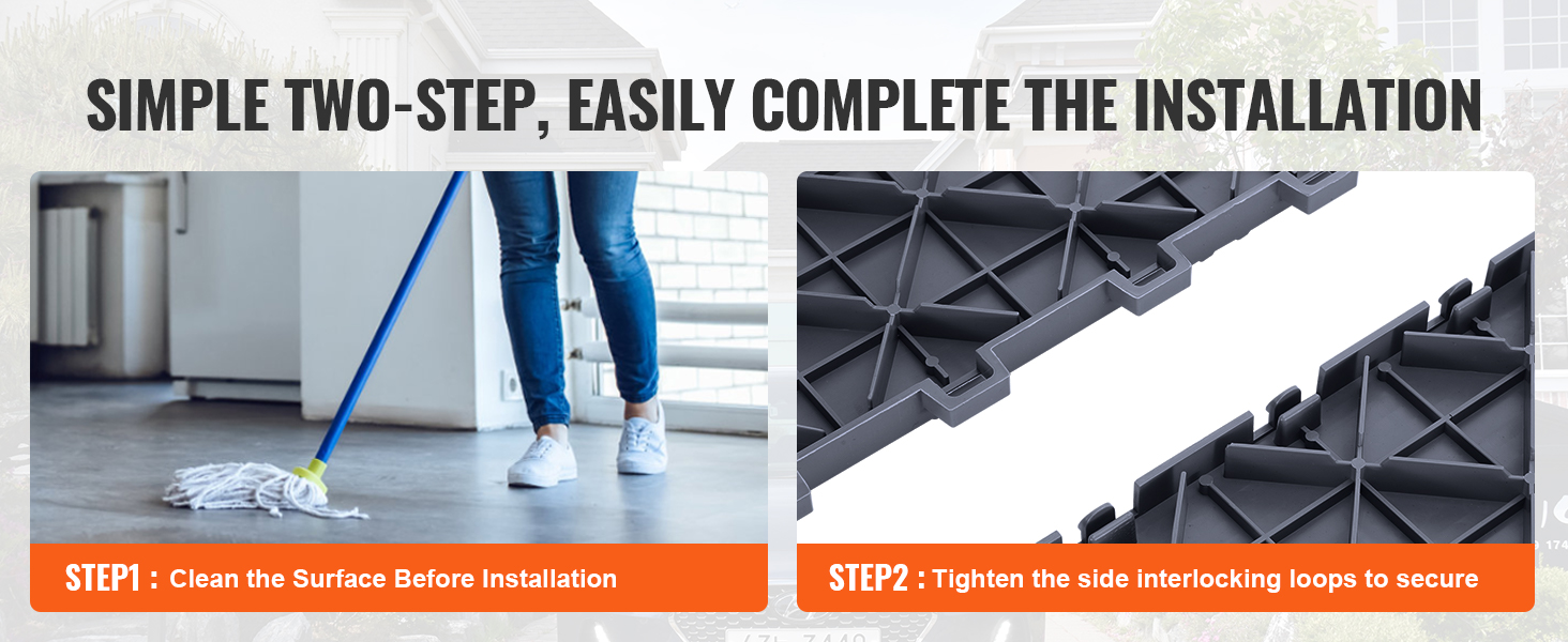 two-step installation guide: clean surface, interlock VEVOR garage tiles for secure fit.