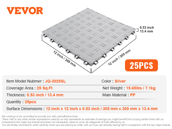 VEVOR garage tiles, model jq-3025sl, 25pcs, silver, 12x12 inch, 25 sq.ft coverage, pp material.