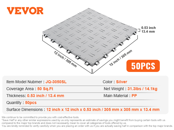 VEVOR garage tiles 12x12 inches silver, 50 pcs, 50 sq ft coverage, pp material, 0.53-inch thickness.