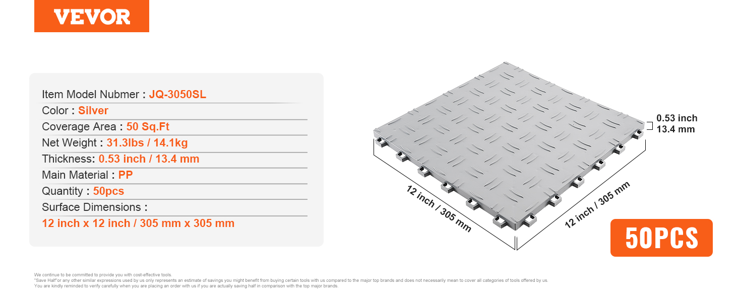 VEVOR garage tiles 12x12 inches silver, 50 pcs, 50 sq ft coverage, pp material, 0.53-inch thickness.
