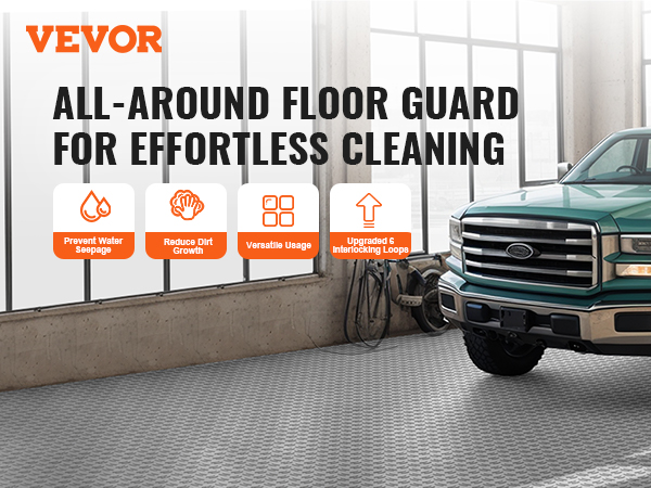 VEVOR garage tiles in a garage with a green truck, highlighting features like water seepage prevention.