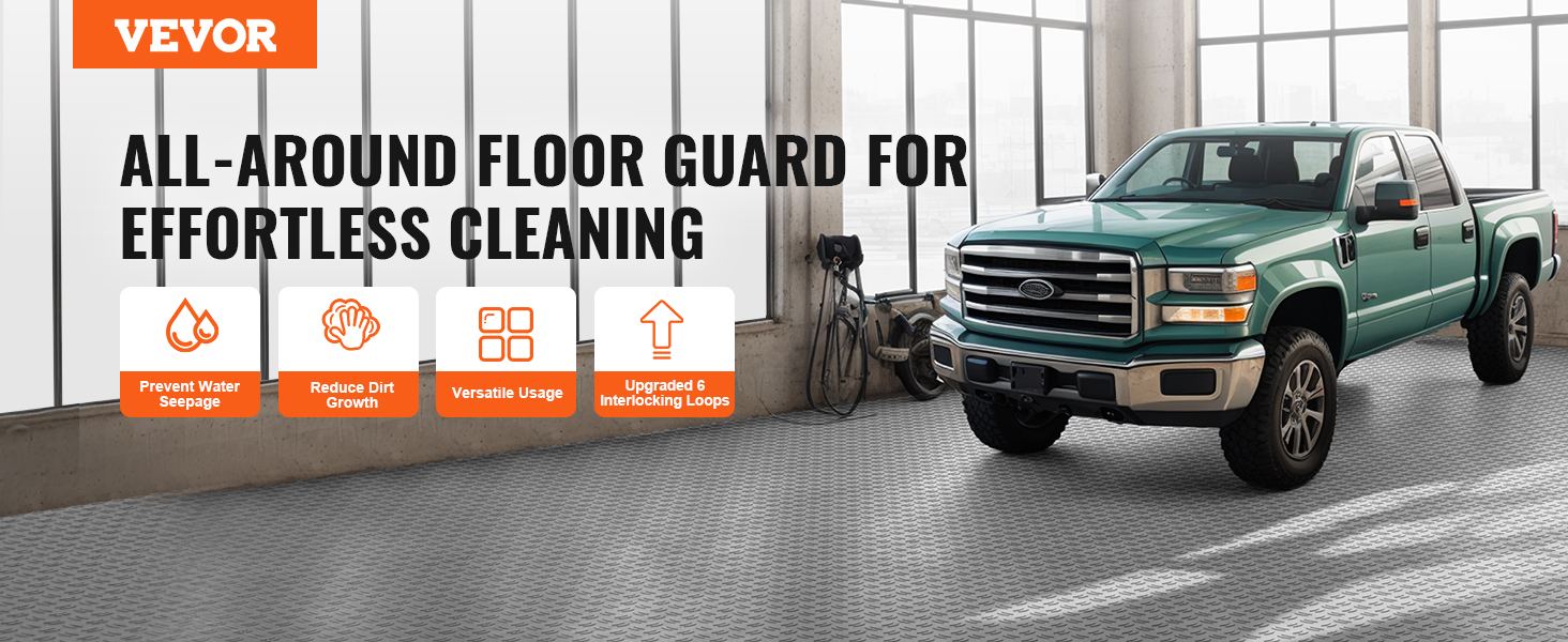 VEVOR garage tiles in a garage with a green truck, highlighting features like water seepage prevention.