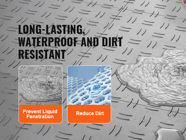 VEVOR garage tiles: long-lasting, waterproof, and dirt-resistant with liquid prevention and dirt reduction.