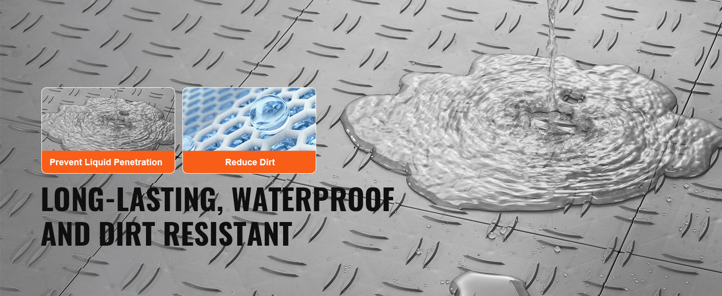 VEVOR garage tiles: long-lasting, waterproof, and dirt-resistant with liquid prevention and dirt reduction.