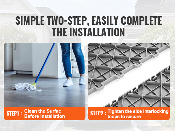 simple two-step VEVOR garage tiles installation: clean the surface, then secure tiles with interlocking loops.