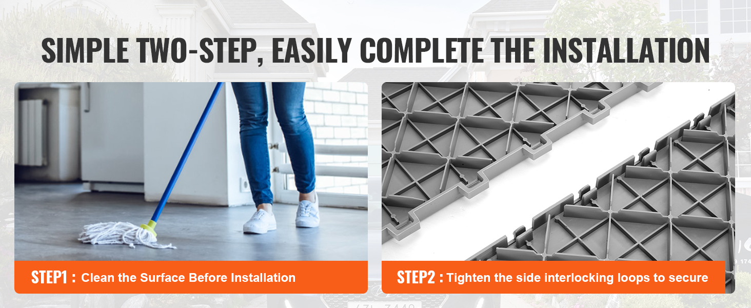 simple two-step VEVOR garage tiles installation: clean the surface, then secure tiles with interlocking loops.