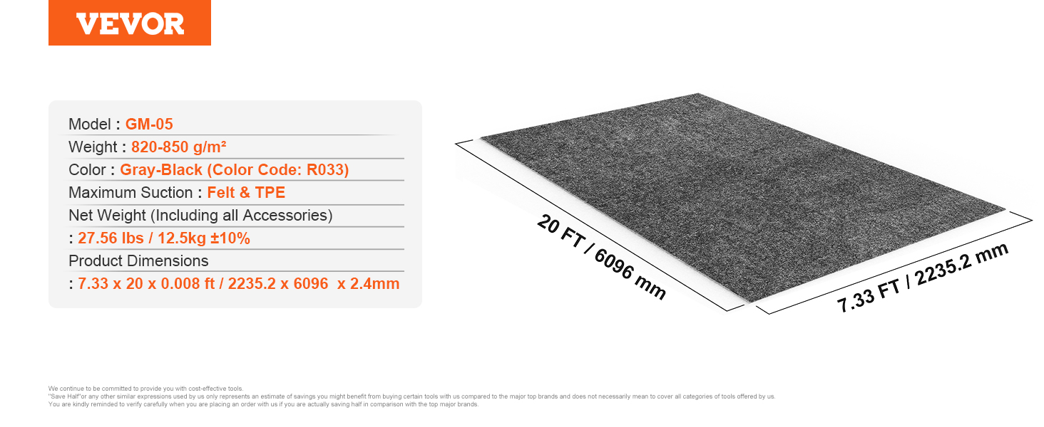 VEVOR garage floor mat, 7.33x20 ft gray-black felt & tpe, model gm-05, weight 27.56 lbs.
