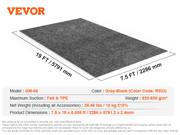 VEVOR garage floor mat, gray-black, 7.5x19 ft, 26.46 lbs, felt & tpe, model gm-06
