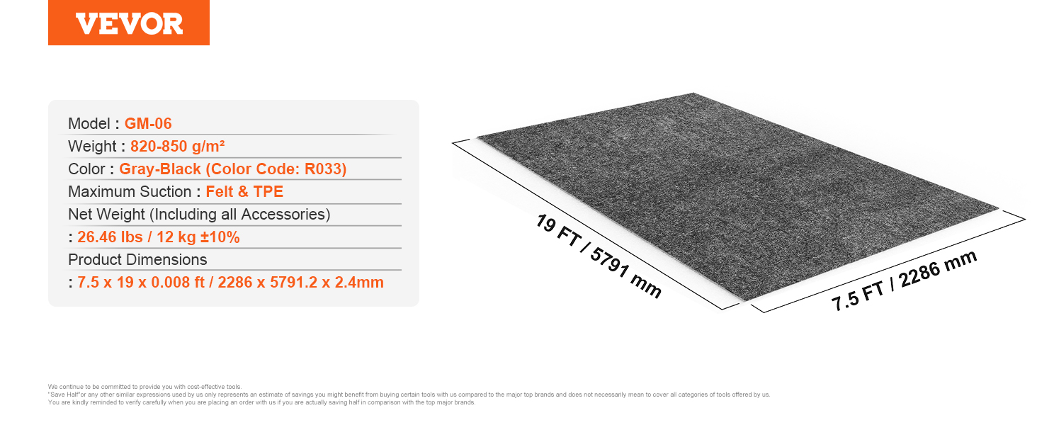 VEVOR garage floor mat, gray-black, 7.5x19 ft, 26.46 lbs, felt & tpe, model gm-06