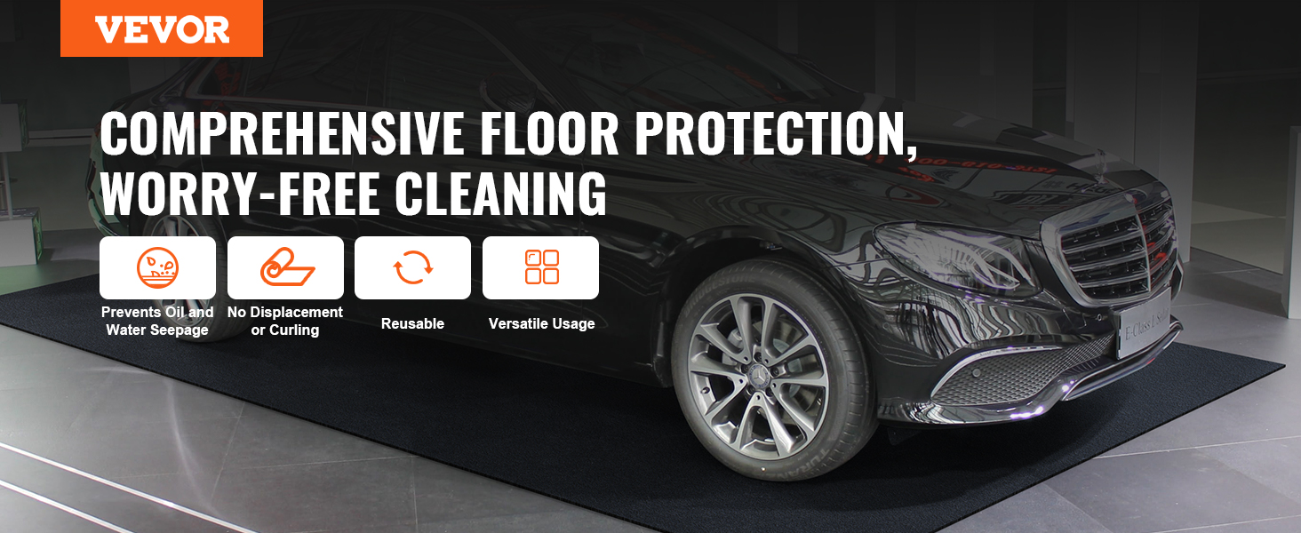 VEVOR garage floor mat providing comprehensive floor protection, prevents oil seepage, and worry-free cleaning.