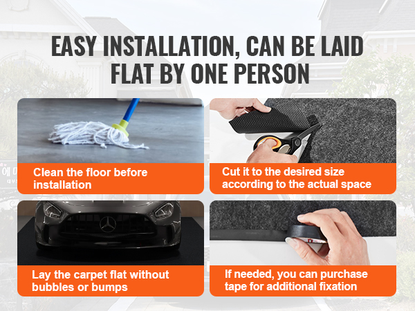 easy installation steps for VEVOR garage floor mat: clean floor, cut to size, lay flat, use tape if needed.