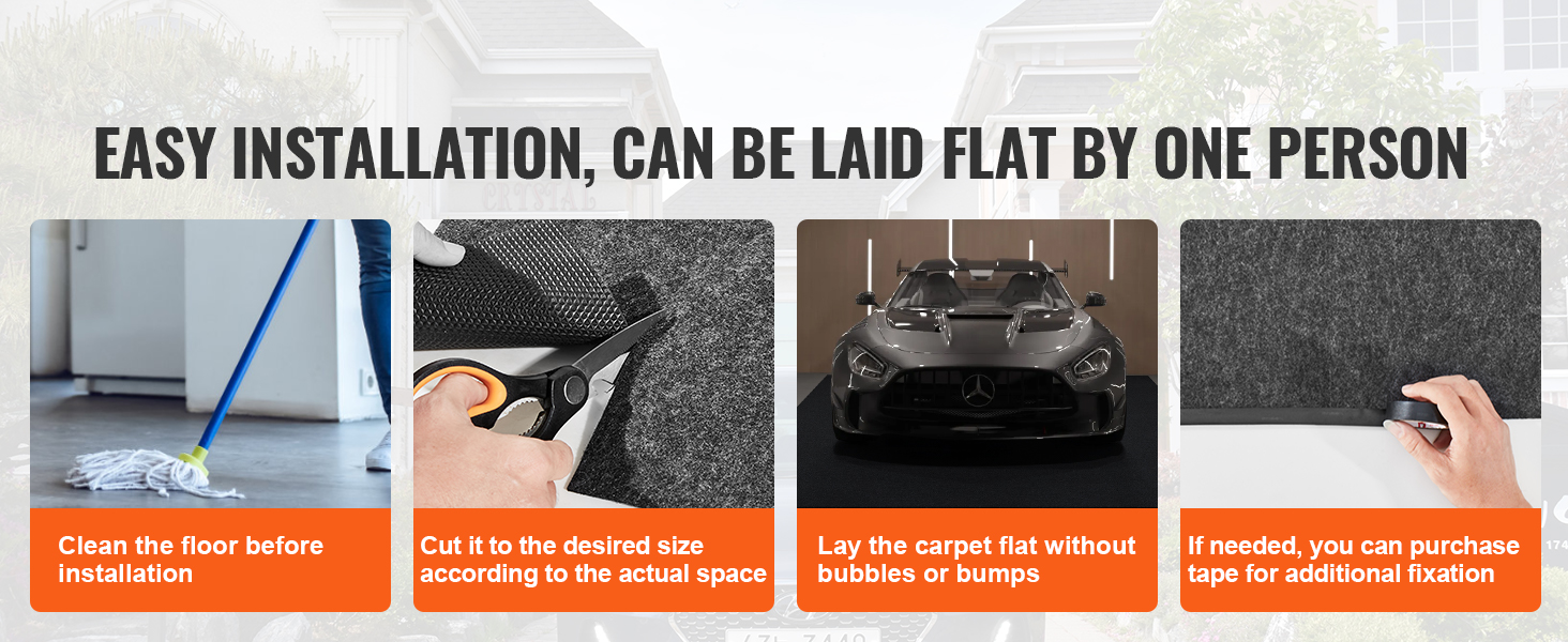 easy installation steps for VEVOR garage floor mat: clean floor, cut to size, lay flat, use tape if needed.