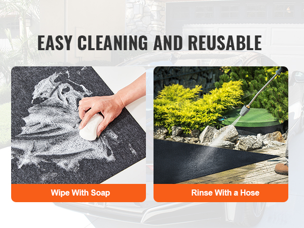 easy cleaning of VEVOR garage floor mat: wipe with soap or rinse with a hose, reusable design.