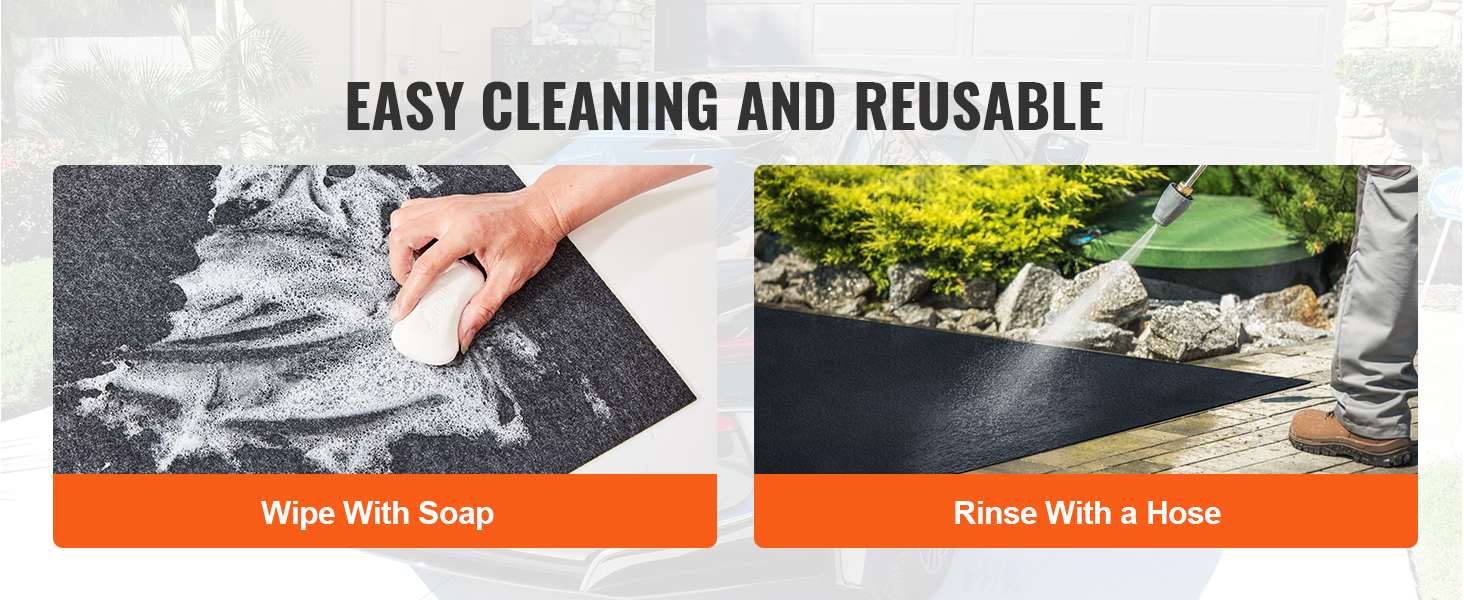 easy cleaning of VEVOR garage floor mat: wipe with soap or rinse with a hose, reusable design.