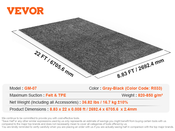 VEVOR garage floor mat gray-black 22 by 8.83 feet with felt and tpe, model gm-07.