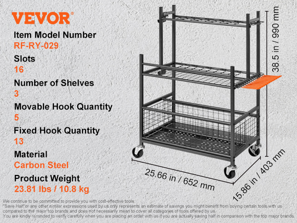 VEVOR garden tool organizer, carbon steel, rf-ry-029, 16 slots, 3 shelves, movable hooks (5), fixed hooks (13).