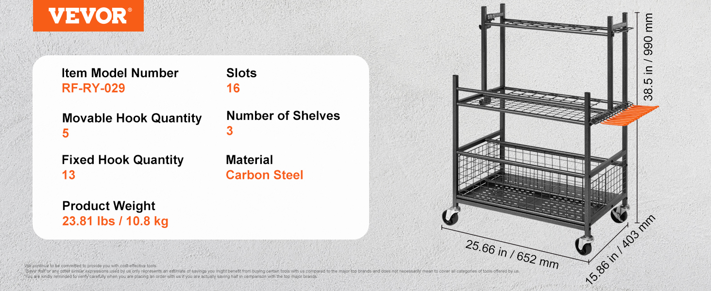 VEVOR garden tool organizer, carbon steel, rf-ry-029, 16 slots, 3 shelves, movable hooks (5), fixed hooks (13).