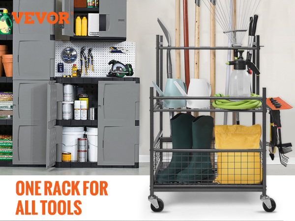 VEVOR garden tool organizer with cabinets storing tools, fertilizers, and gardening supplies on a rack.