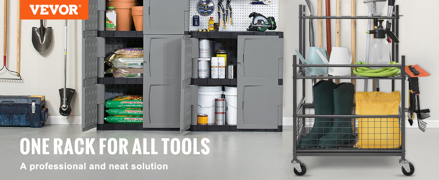 VEVOR garden tool organizer with cabinets storing tools, fertilizers, and gardening supplies on a rack.