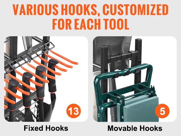 various hooks on the VEVOR garden tool organizer for fixed and movable storage solutions.