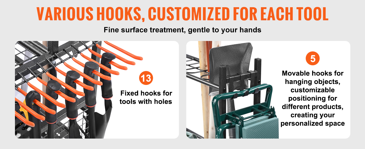 various hooks on the VEVOR garden tool organizer for fixed and movable storage solutions.