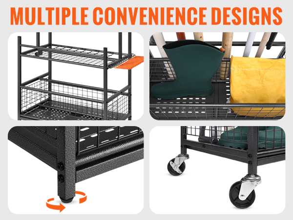 VEVOR garden tool organizer with adjustable feet, wire mesh, 3 shelves, and swivel casters with brakes.