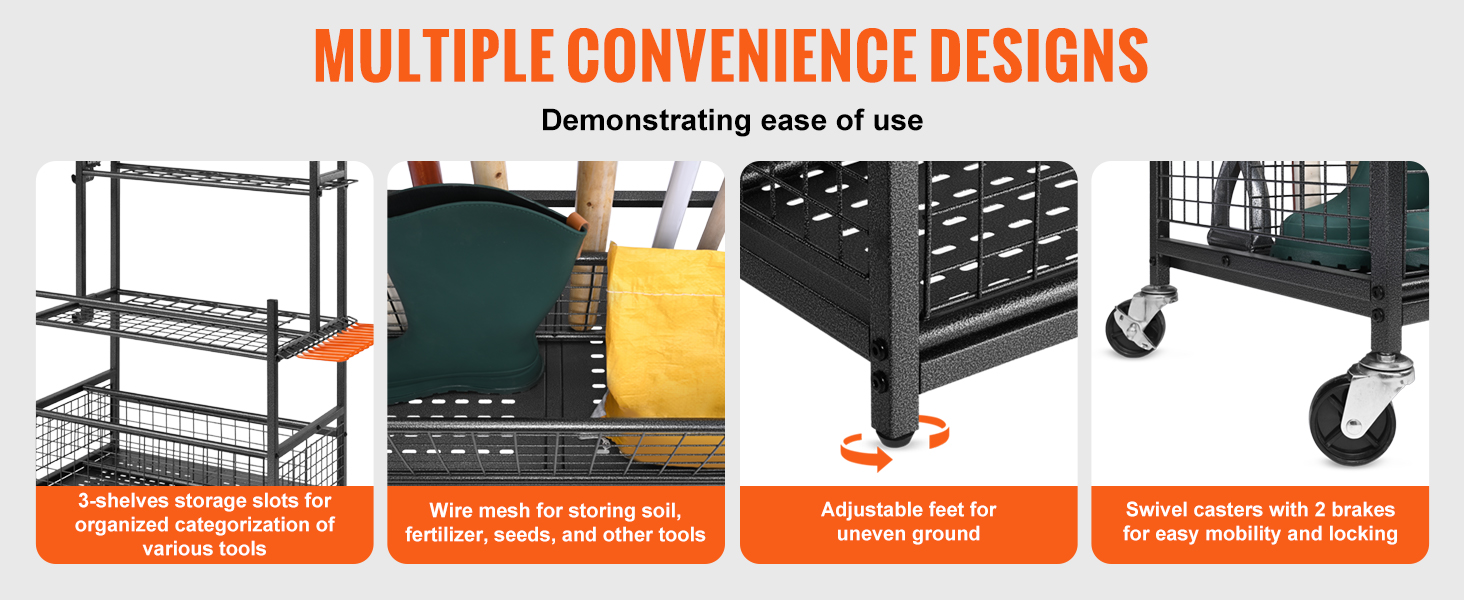 VEVOR garden tool organizer with adjustable feet, wire mesh, 3 shelves, and swivel casters with brakes.