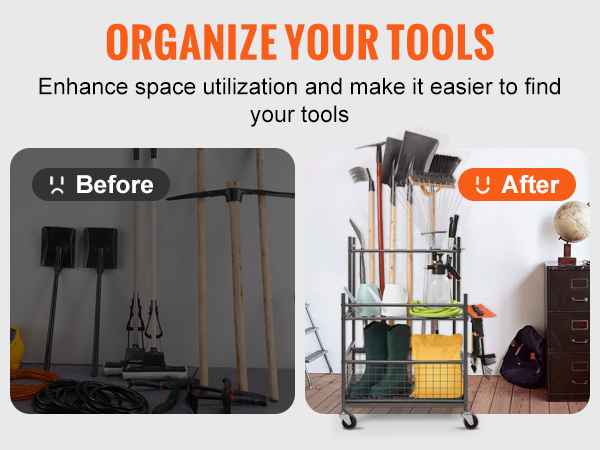 VEVOR garden tool organizer: neatly stored garden tools comparison before and after using the organizer.