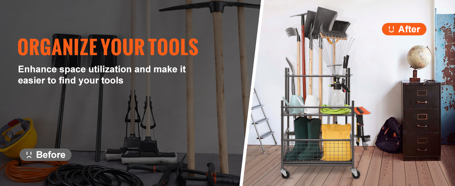 VEVOR garden tool organizer: neatly stored garden tools comparison before and after using the organizer.