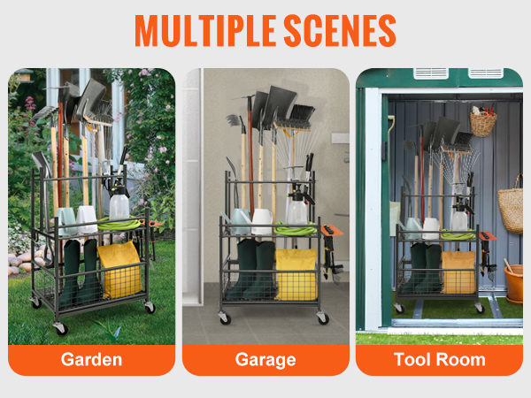 VEVOR garden tool organizer showcasing organized tools in garden, garage, and tool room settings.