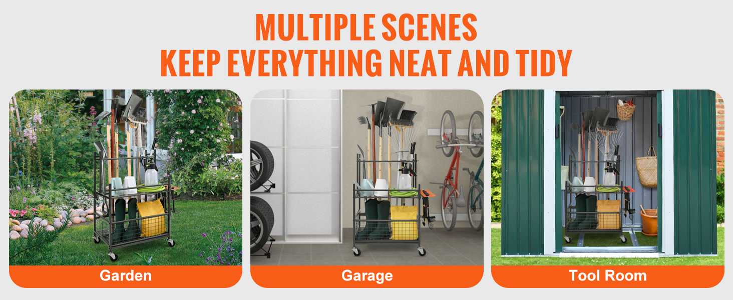 VEVOR garden tool organizer showcasing organized tools in garden, garage, and tool room settings.