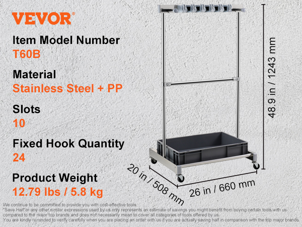 VEVOR garden tool organizer, model t60b with 10 slots, 24 fixed hooks, stainless steel, and pp material.