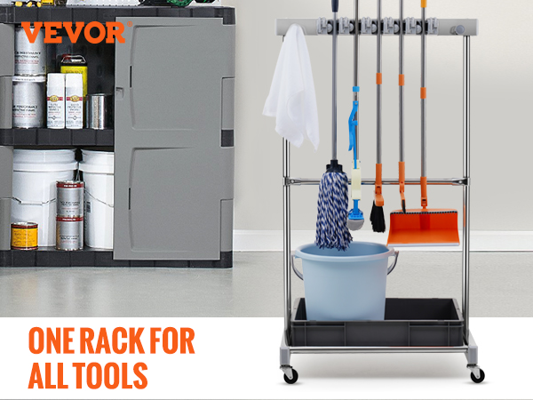 VEVOR garden tool organizer neatly storing various tools in a garage with cabinets and hanging equipment.