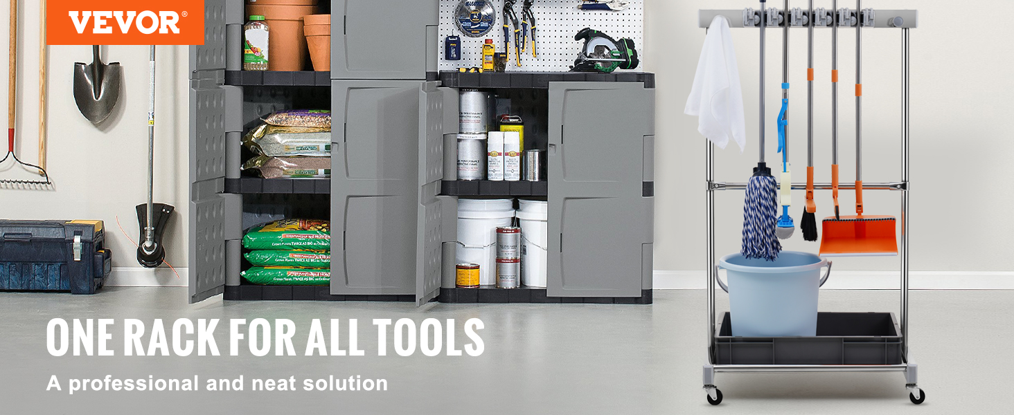 VEVOR garden tool organizer neatly storing various tools in a garage with cabinets and hanging equipment.