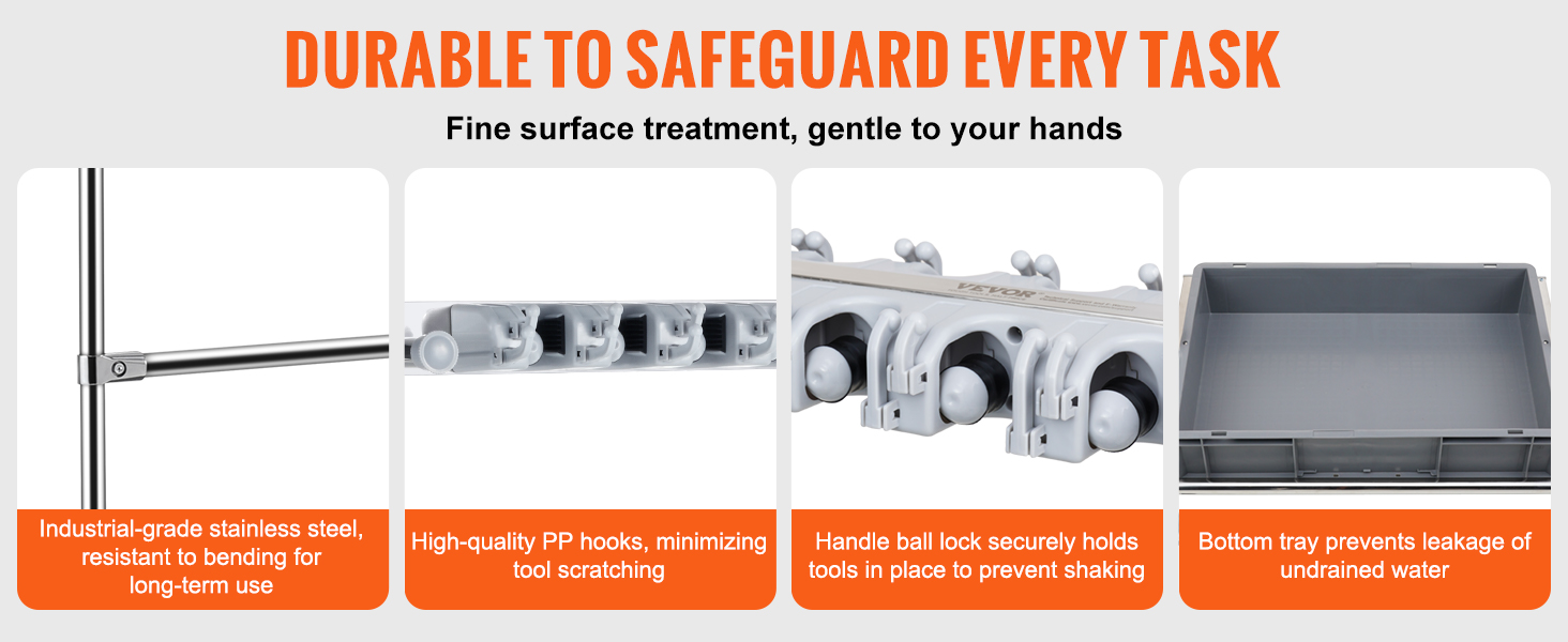 durable VEVOR garden tool organizer with stainless steel frame, pp hooks, secure handle lock, and leak-proof tray.