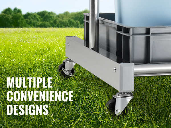 casters with brakes on grass, promoting smooth operation and swivel mobility of the VEVOR garden tool organizer.