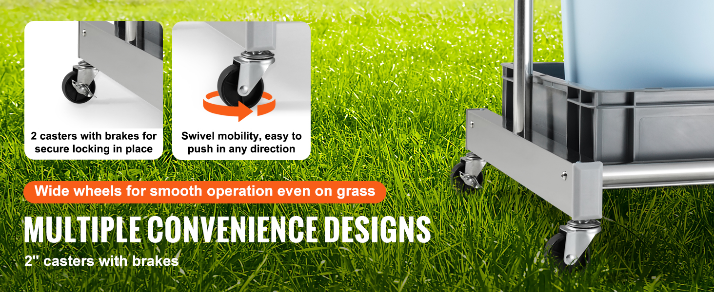 casters with brakes on grass, promoting smooth operation and swivel mobility of the VEVOR garden tool organizer.