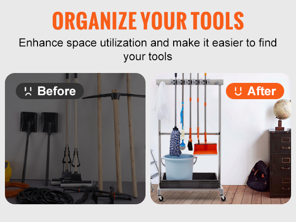 VEVOR garden tool organizer demonstrating neat tool storage with before and after images in a workspace.