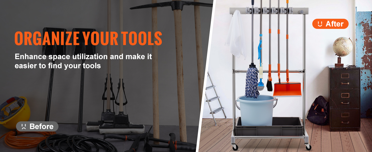VEVOR garden tool organizer demonstrating neat tool storage with before and after images in a workspace.