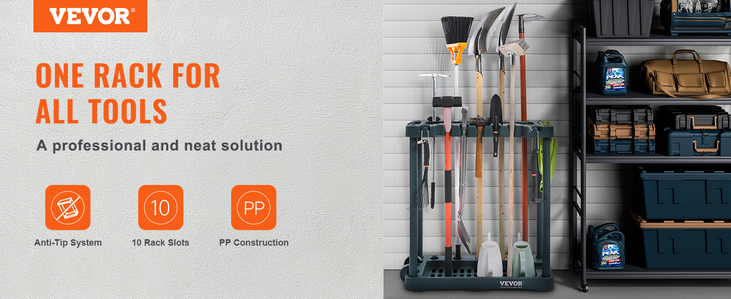 VEVOR garden tool organizer with anti-tip system and 10 rack slots for a neat and professional solution.