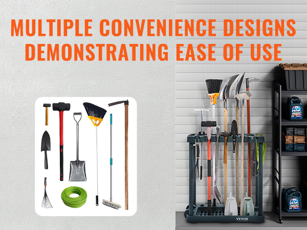 VEVOR garden tool organizer: high-capacity, versatile tool holder with shovels, rakes, and hoses.