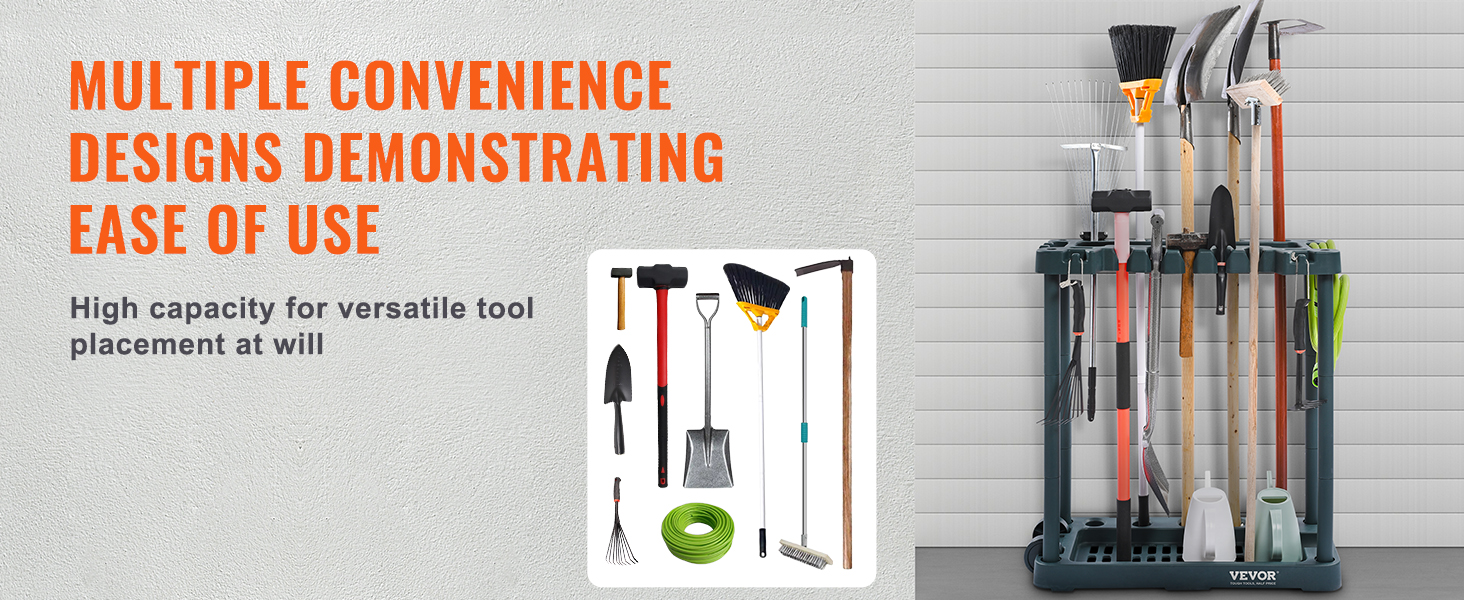 VEVOR garden tool organizer: high-capacity, versatile tool holder with shovels, rakes, and hoses.