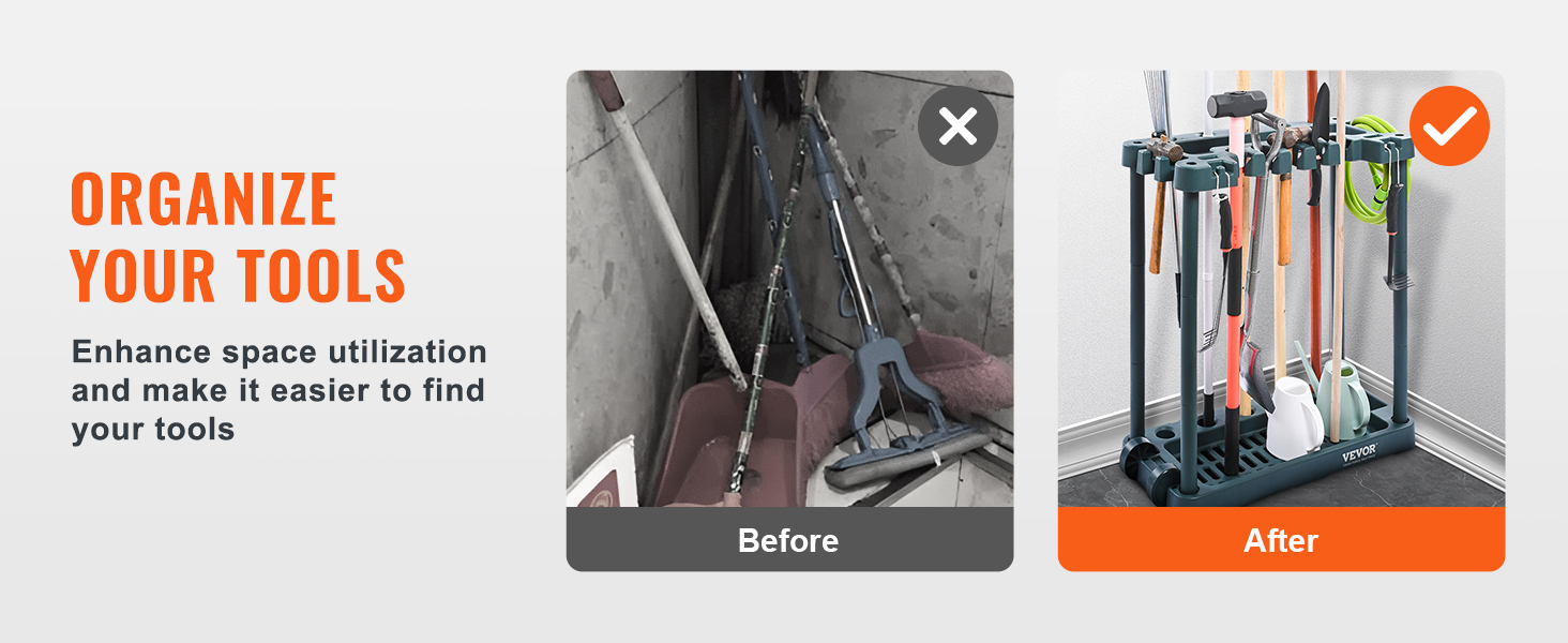 before and after showing organized gardening tools in a VEVOR garden tool organizer.