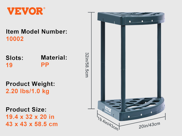 VEVOR garden tool organizer, 32x20 inches, 19 slots, 2.2 lbs, pp material, model 10002.