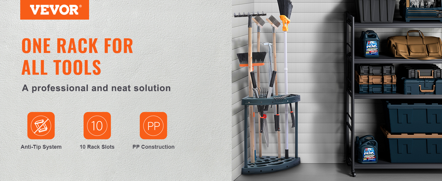 VEVOR garden tool organizer featuring 10 rack slots and anti-tip system for professional storage.