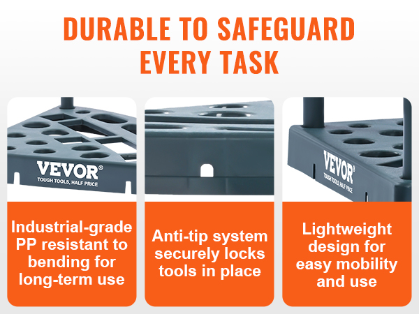 VEVOR garden tool organizer with industrial-grade pp, anti-tip system, and lightweight design for mobility.