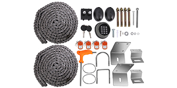 VEVOR sliding gate opener components, including chains, remotes, brackets, and hardware.