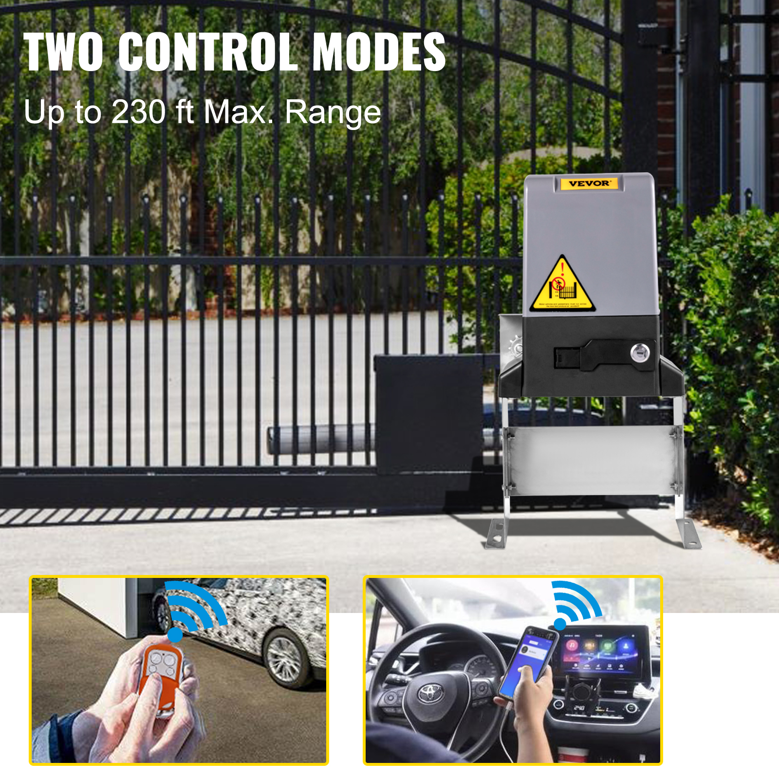 VEVOR sliding gate opener with remote and app control, 230-ft range.