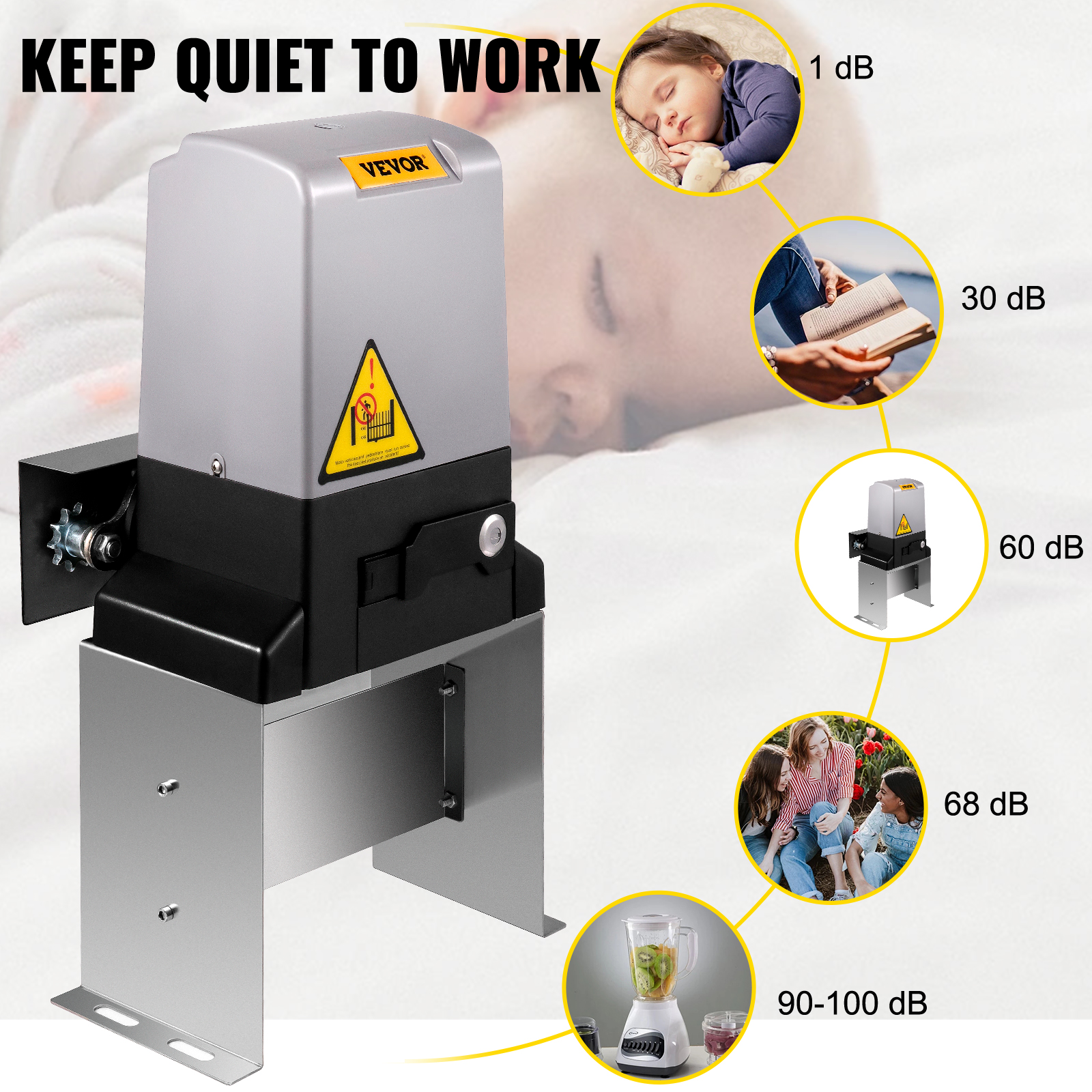 VEVOR sliding gate opener with noise levels comparison and "keep quiet to work" text